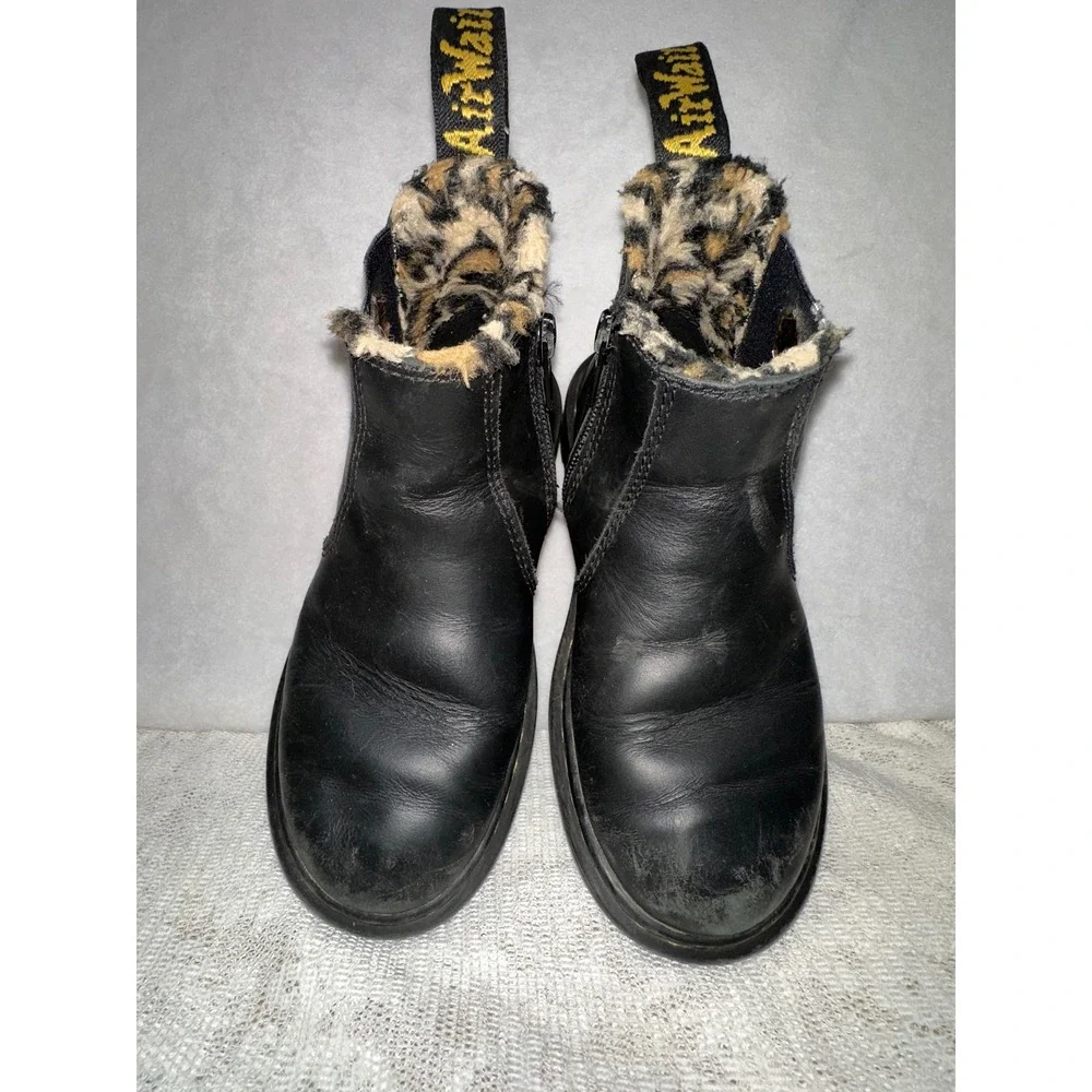 Dr Martens Kids‎ Black Leather Leopard Fur Lined Chelsea Boots